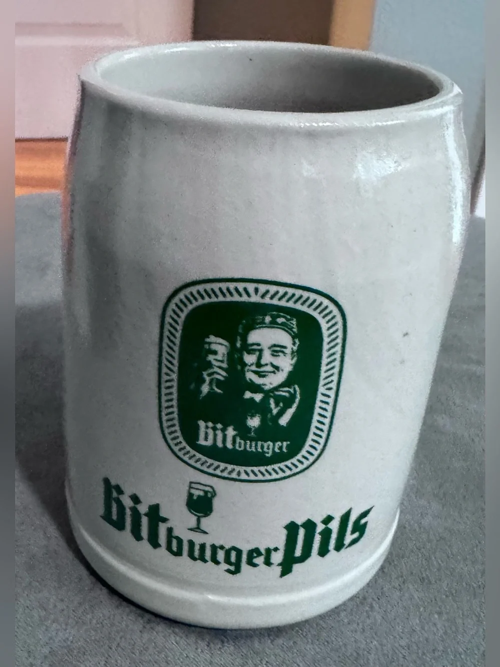 Bitburger Pils Ceramic Beer Stein - White with Green Logo